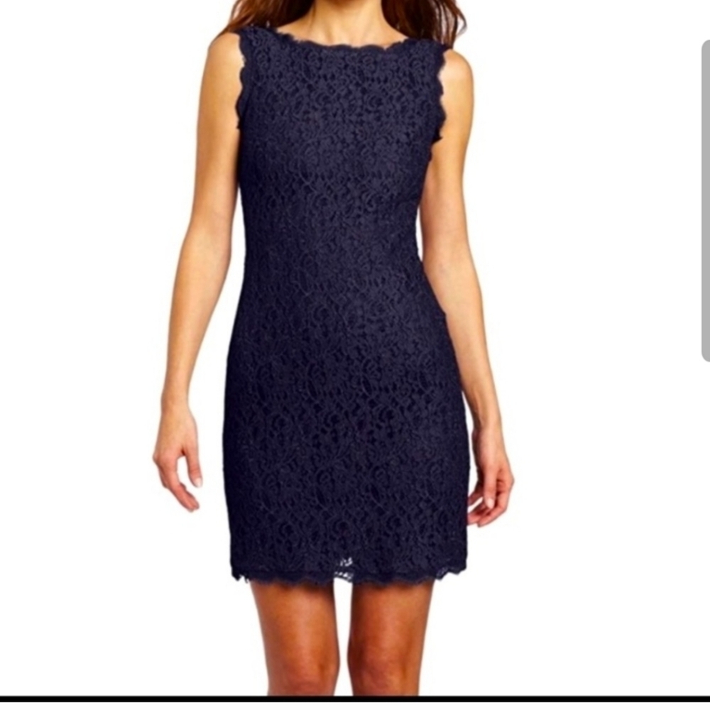 Adrianna Papell Evening Back Zipper Navy Lace V-back Sleeveless Dress